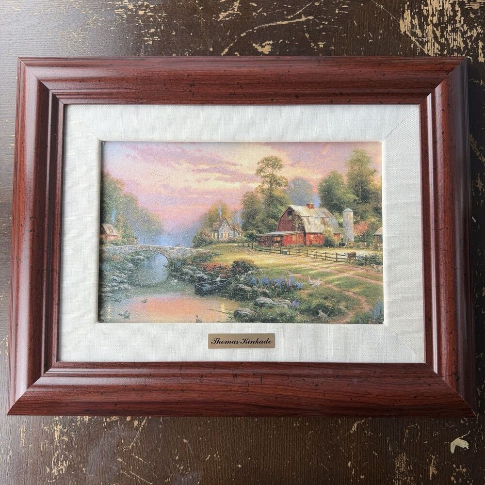 Thomas Kinkade Sunset at Riverbend Farm Framed Textured Print Barn Cottage 16x13